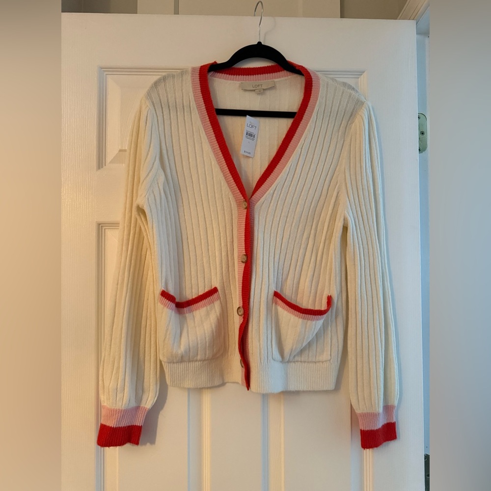 Loft Petite Puff Sleeve V-Neck Cardigan - Picture 2 of 4